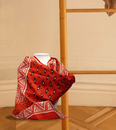 Hand-painted red silk shawl, featuring intricate fractal patterns inspired by Islamic art.