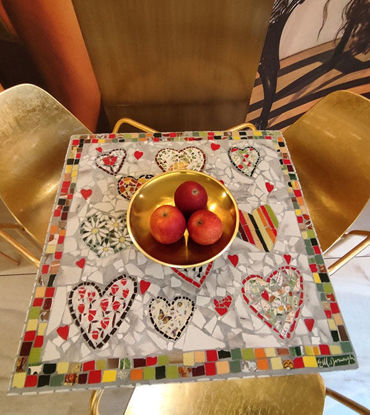 Picture of Mosaic Colorful Hearts Table; Square marble mosaic table for Valentine's day; Marble and tile mosaic table, Lovers hearts good vibes table