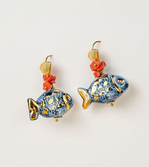 Picture of Blue fish with coral and gold earrings