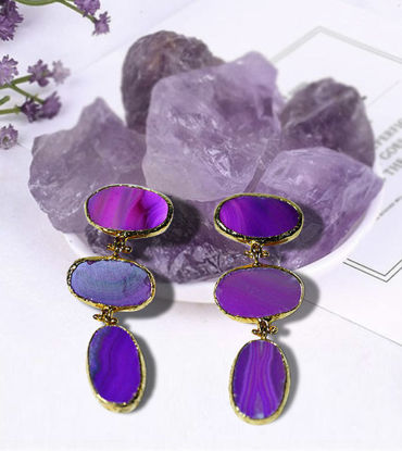 Picture of Purple Gum Drop  Earrings With Natural Stone Earrings Gold Plated Brass Earrings For Gifts