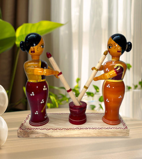 Picture of Unique Channapatna Wooden Women Figurines - Hand-Painted Indian Home Accent & Meaningful Gift