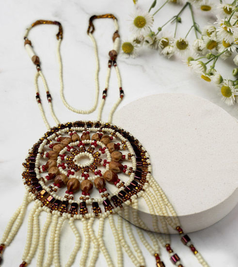 Handmade Native American necklace featuring colorful beads, inspired by powwow art and rich cultural heritage.