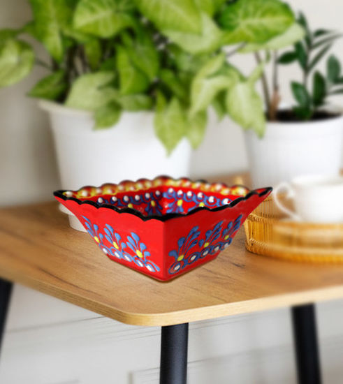 Picture of Turkish Ceramic Bowl with Flower Motifs - Crimson Red Handcrafted Ceramic Bowl Ayennur Decorative Small Serving Bowls