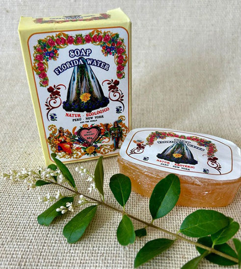 A box of Florida Water infused bar soap next to a green plant, highlighting its refreshing and cleansing qualities.