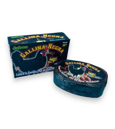A box of Gallina Negra black soap featuring a black label, designed for spiritual protection and aura cleansing rituals.