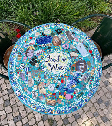 Picture of GOOD VIBE original round mosaic table, patio table; bistro table; coffee table; handmade mosaic table; Portuguese tile mosaic table