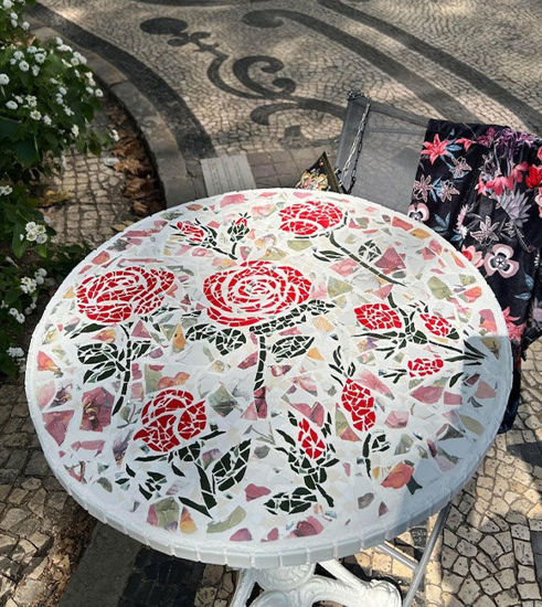 Picture of Mosaic Rose patio table; Garden tabletop; Round coffee tabletop; Mosaic floral bistro table; kitchen table; Round mosaic table