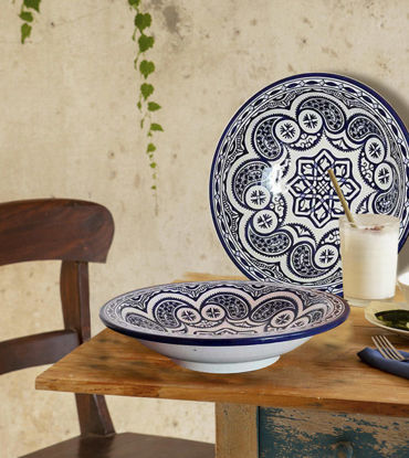 Picture of White Clay Ceramic Plate Set • Blue Pattern Design • Handmade Dinnerware from Morocco| 6", 8", 10" Plates