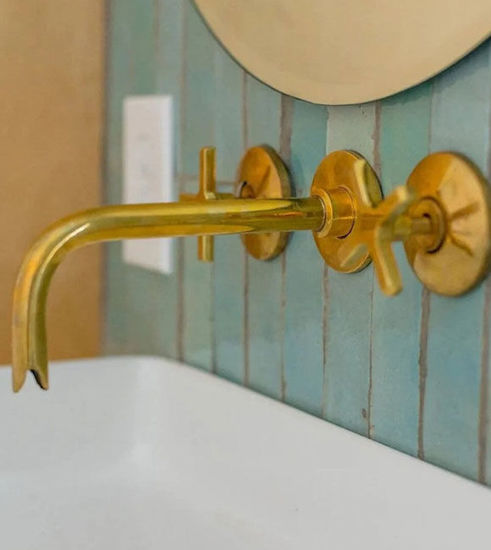 Picture of Unlacquered Brass Bathroom Faucet - Antique Brass Wall Mount Faucet