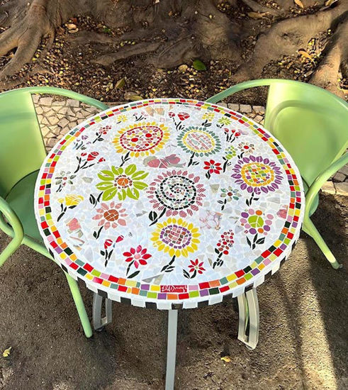 Picture of Cheerful, floral, colorful mosaic patio tabletop; garden tabletop; bistro tabletop; coffee tabletop. Whimsical mosaic tabletop with flowers.