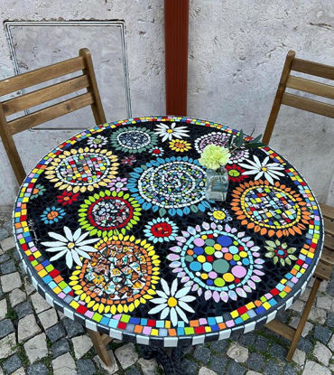 Picture of Cheerful floral mosaic round patio/garden tabletop; whimsical colorful flowered mosaic tabletop