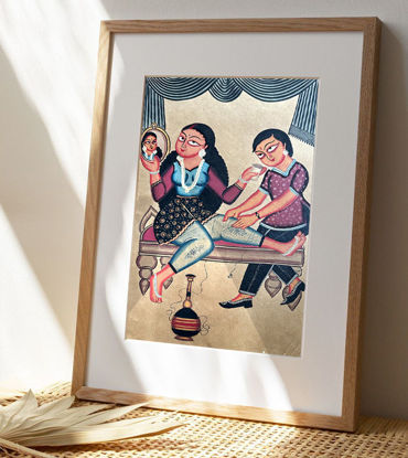 Framed Bengal Patachitra painting of two people on a couch, one reflecting while the other massages her legs, showcasing daily life.