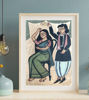 Framed Bengal Patachitra artwork depicting a couple, illustrating a tender moment with natural colors.