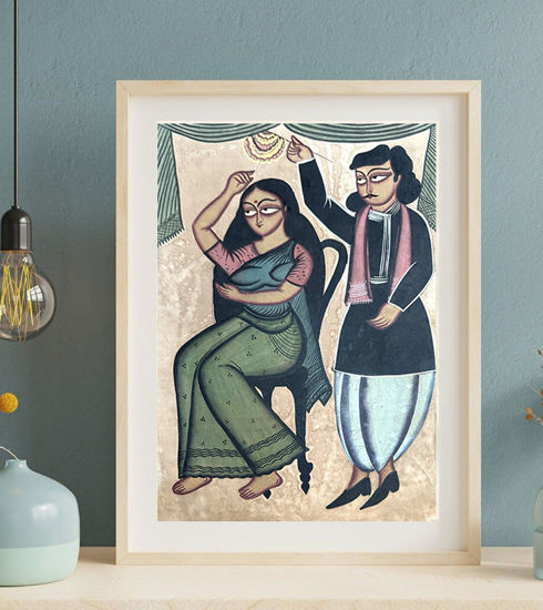 Framed Bengal Patachitra artwork depicting a couple, illustrating a tender moment with natural colors.