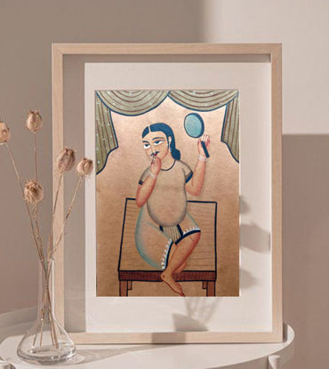 Framed Bengal Patachitra painting of a man sitting on a chair, showcasing traditional folk art with herbal colors.