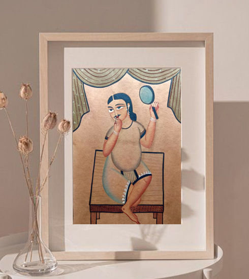 Framed Bengal Patachitra painting of a man sitting on a chair, showcasing traditional folk art with herbal colors.