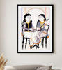 Painting of two musicians in traditional attire sitting on a couch, engaged in a musical duet, showcasing Bengal Patachitra art.