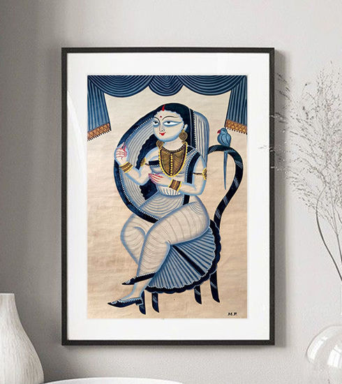 Hand-painted Bengal Patachitra art of a serene woman in traditional attire, holding a parrot, symbolizing companionship.