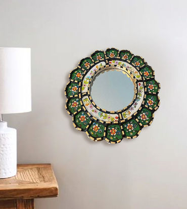 Picture of Decorative Round Mirror 12" Painted Glass, Floral Pattern in different colors, Home Decor, Wall Art, Peruvian, Handmade, 1 unit