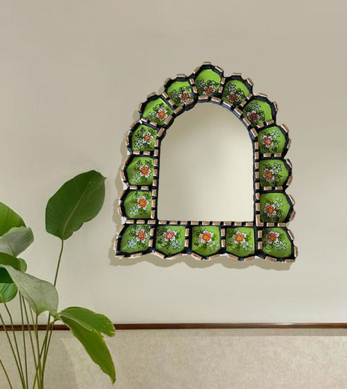 Picture of Decorative Handmade Mirror 9" Painted Glass, arch/ portal shape, Floral Pattern in different colors, Home Decor, Wall Art, Peruvian