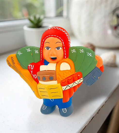 Handmade Ekeko doll, 4x8 inches, depicting a man with a cigarette and pipe, symbolizing prosperity and good luck in Andean culture.