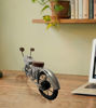 Vintage-style mini bicycle showpiece with wooden seat and wheels, featuring a detailed metal frame and stand for display.