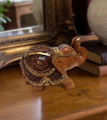 Picture of Wooden Elephant Showpiece with Upward Trunk – Antique Finish Hand-Carved Home Decor Figurine