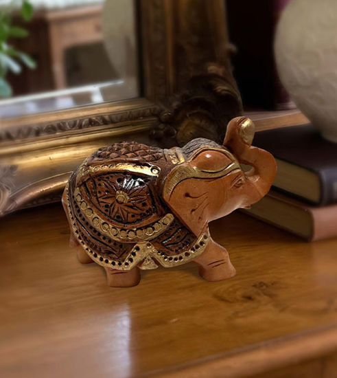 Picture of Wooden Elephant Showpiece with Upward Trunk – Antique Finish Hand-Carved Home Decor Figurine