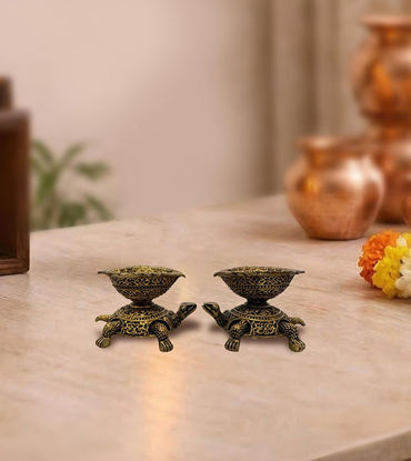Picture of Handcrafted Brass Tortoise Diya Set of 2 – Kachua Oil Wick Lamps for Puja, Vaastu & Festive Decor